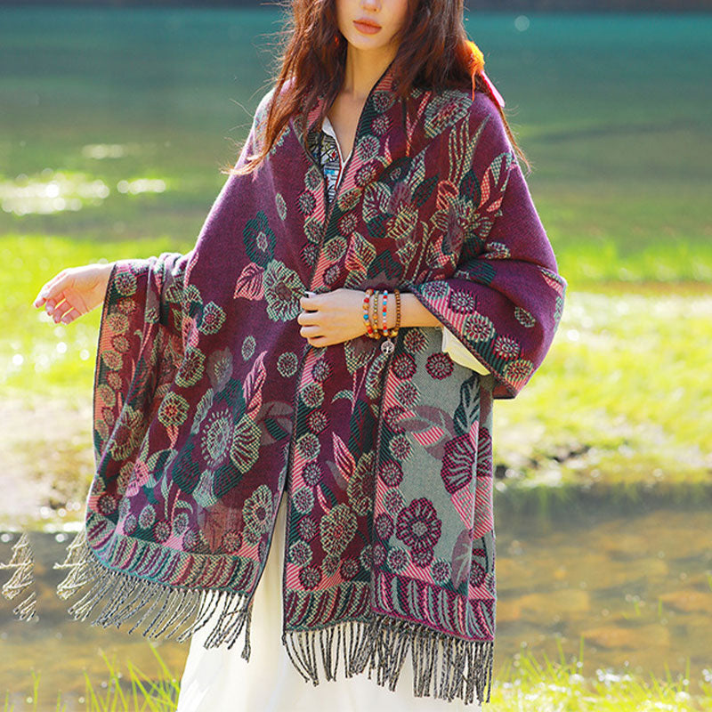 Nimara Ritual Tibetan Flower Floral Leaves Pattern Design Shawl Cozy Travel Scarf Wrap