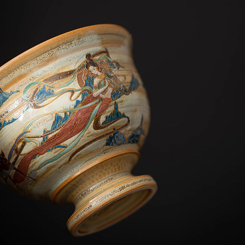 Nimara Ritual Dunhuang Flying Apsaras Ceramic Gaiwan Sancai Teacup Kung Fu Tea Cup With Lid