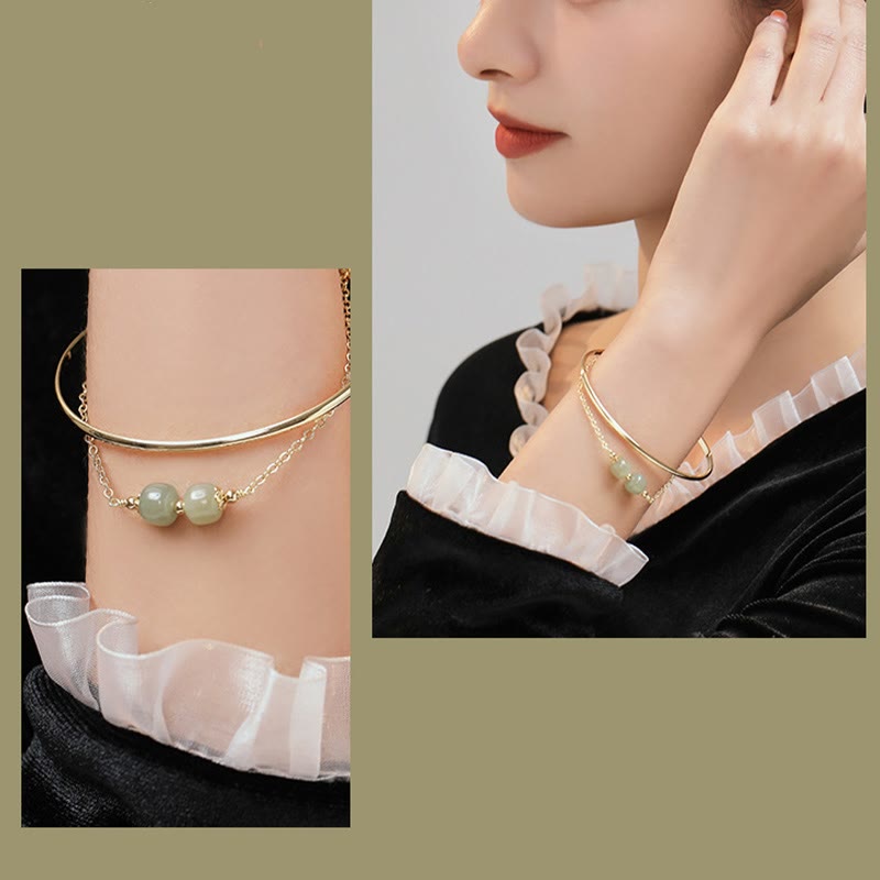 Nimara Ritual Copper Plated Gold Hetian Jade Bead Luck Double Layer Bracelet Bangle