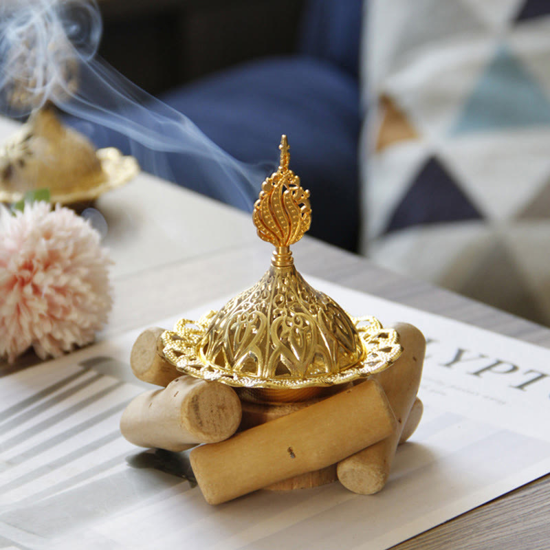 Nimara Ritual Gold Alloy Healing Mini Incense Burner With Wooden Coaster Home Decor