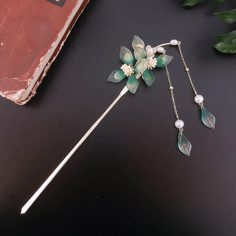 Nimara Ritual Flower Leaf Pearl Peace Tassel Hairpin