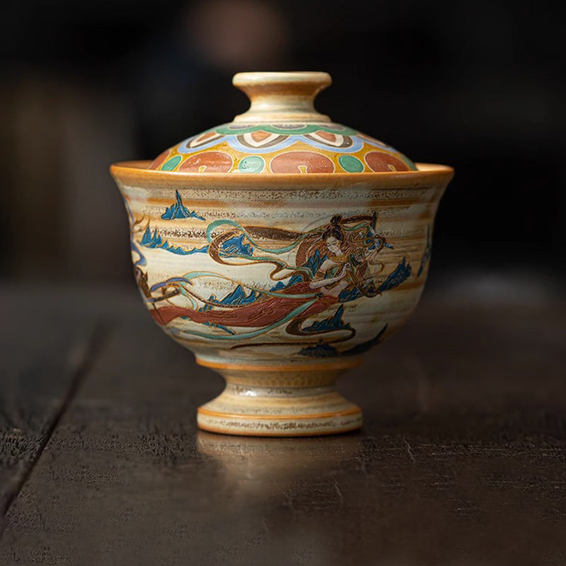 Nimara Ritual Dunhuang Flying Apsaras Ceramic Gaiwan Sancai Teacup Kung Fu Tea Cup With Lid