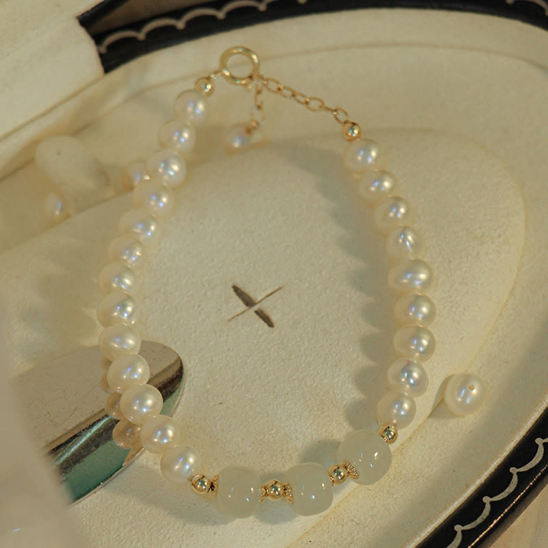 Nimara Ritual 14K Gold Plated Natural Pearl Hetian Cyan Jade White Jade Sincerity Bead Chain Bracelet