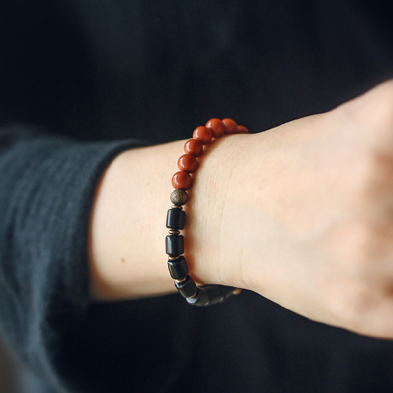 Nimara Ritual Ebony Wood Red Jasper Moss Agate Crystal Copper Peace Couple Bracelet