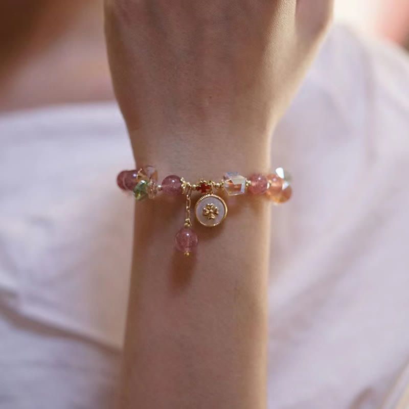 Nimara Ritual Strawberry Quartz Lucky Four Leaf Clover Healing Charm Bracelet