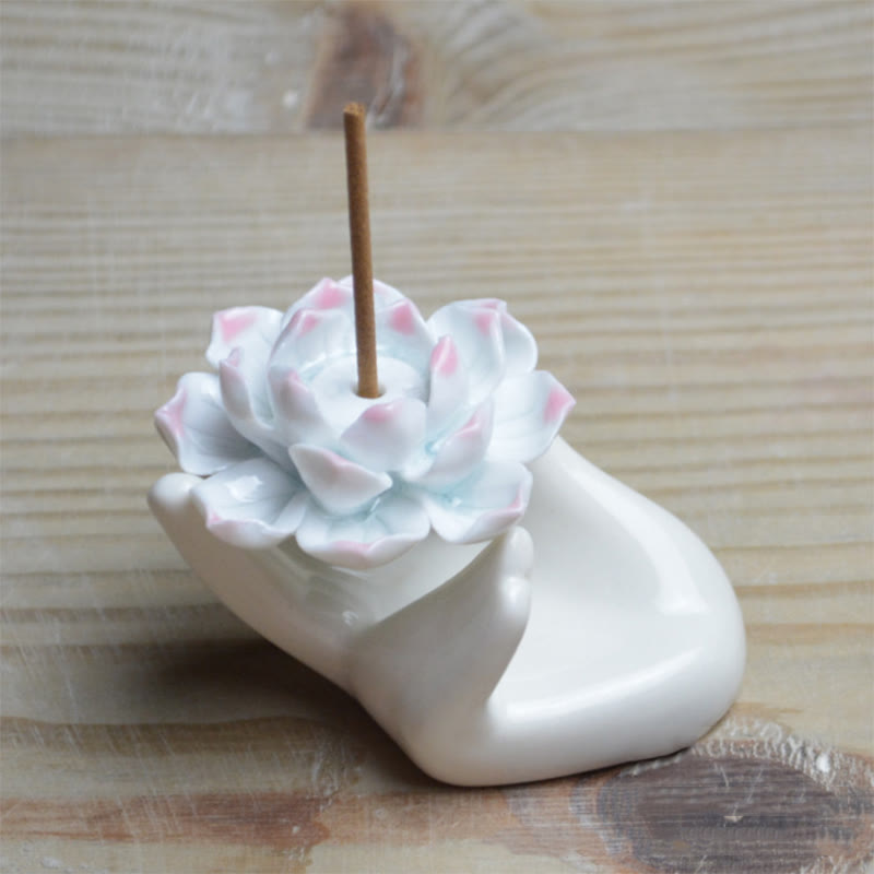 Nimara Ritual Small Ceramic Lotus Hand Healing Meditation Incense Burner Decoration