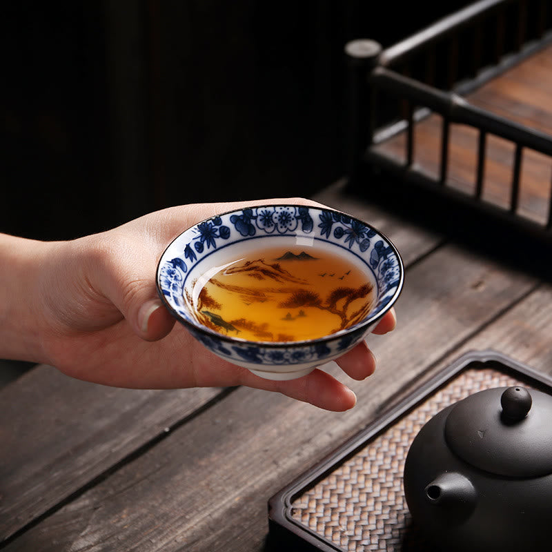 Nimara Ritual Flowers Fu Character Mountains Lotus Cherry Blossoms Ceramic Teacup Kung Fu Tea Cup
