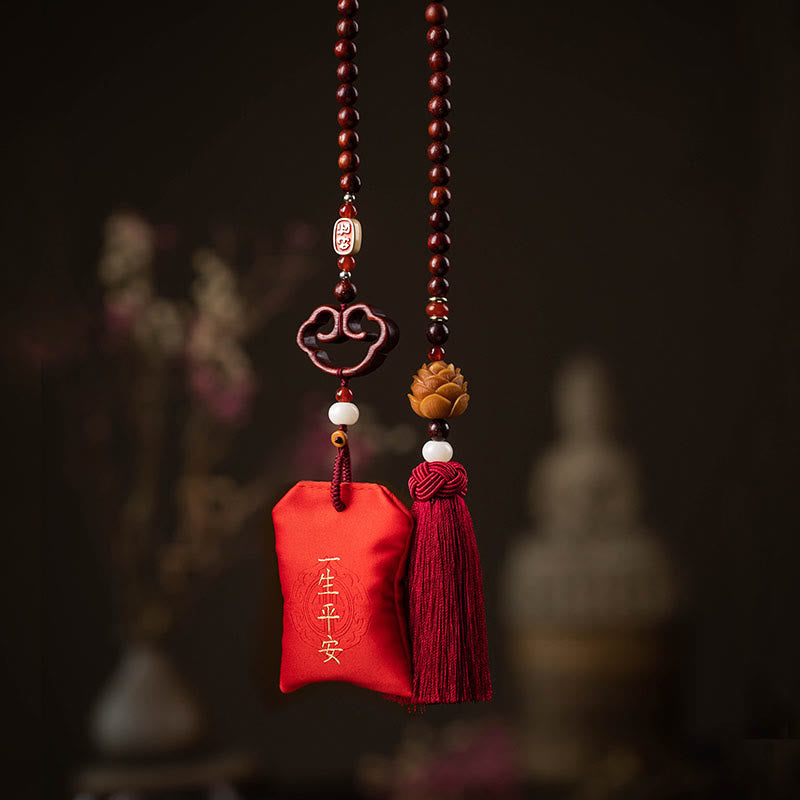 Nimara Ritual Tibetan Small Leaf Red Sandalwood Lotus Cinnabar Sachet Protection Tassel Car Hanging Decoration