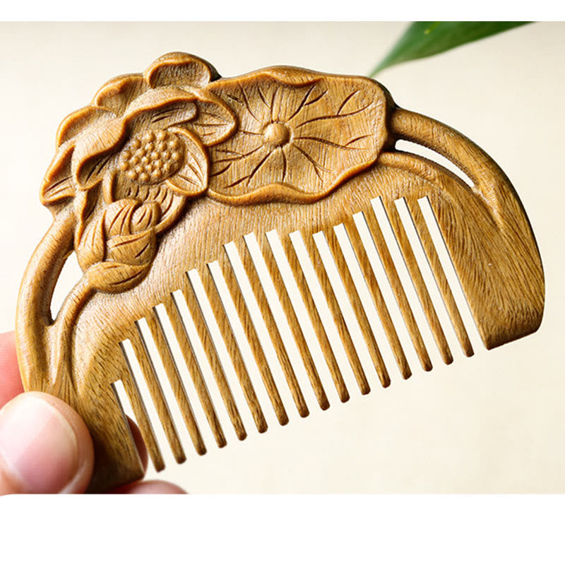Nimara Ritual Natural Green Sandalwood Lotus Flower Leaf Engraved Soothing Comb