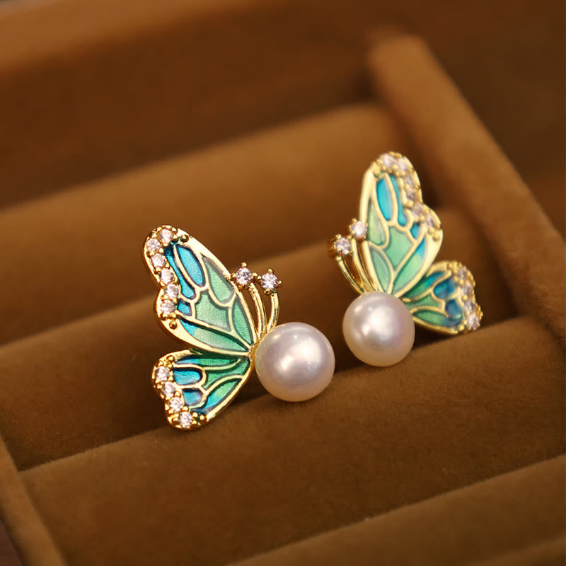 Nimara Ritual 925 Sterling Silver Posts 18K Gold Plated Copper Natural Pearl Butterfly Healing Stud Earrings