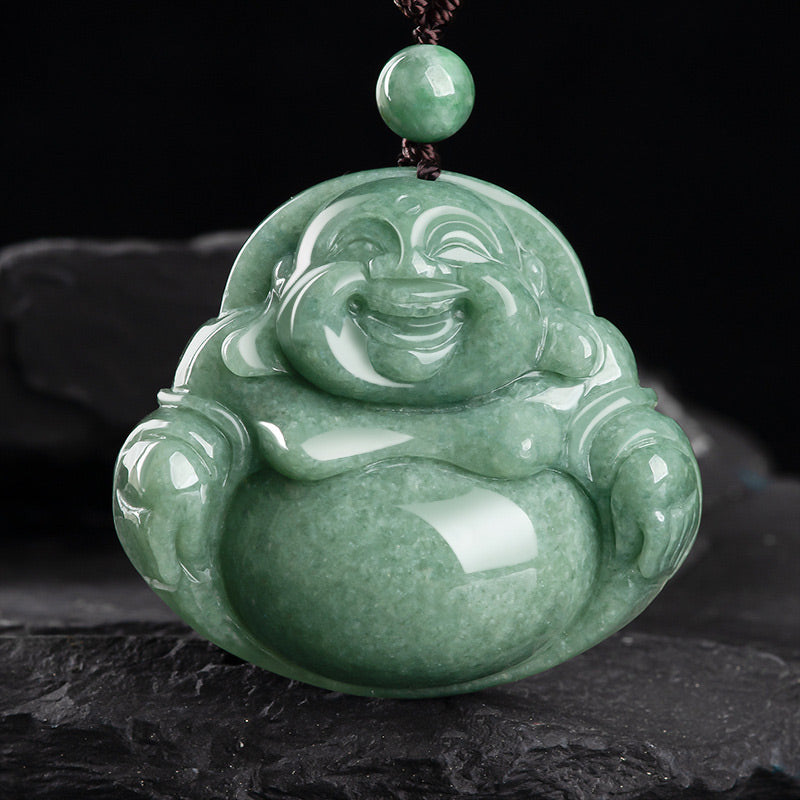 Nimara Ritual Laughing Buddha Cyan Jade Harmony Necklace String Bead Pendant