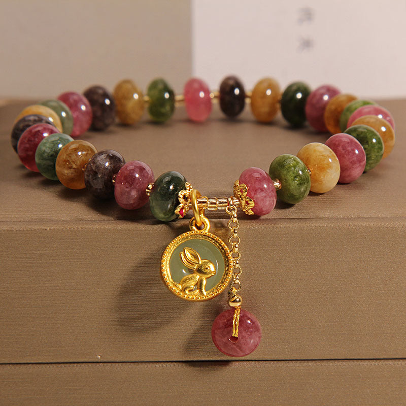 Nimara Ritual Natural Colorful Tourmaline Cute Rabbit Charm Positive Bracelet