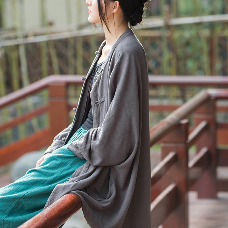 Nimara Ritual Frog-Button Long Sleeve Zen Meditation Open Front Jacket With Pockets