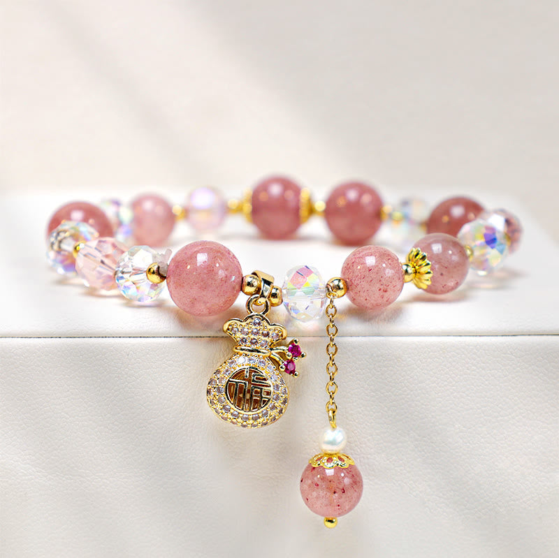 Love Healing Natural Strawberry Quartz Crystal Money Bag Charm Positive Bracelet