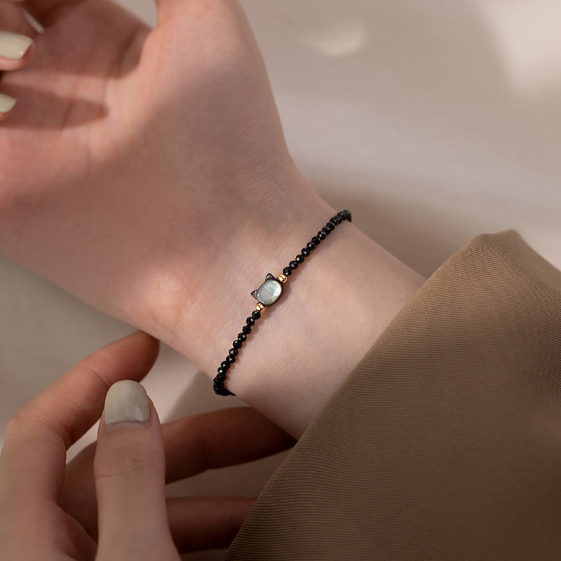Nimara Ritual 14K Gold Plated Black Spinel White Crystal Cute Cat Tridacna Stone Healing Bracelet