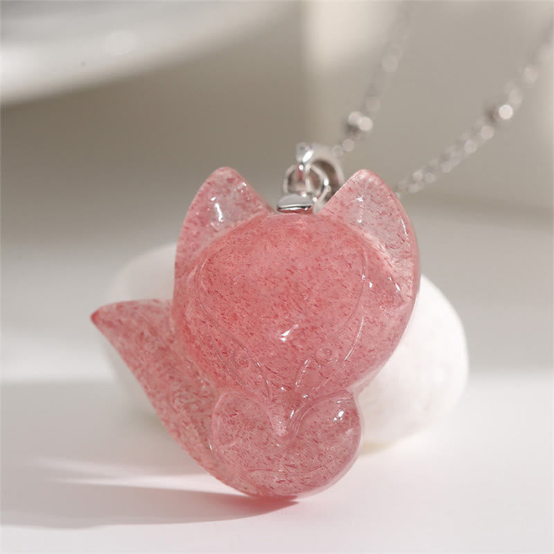 Nimara Ritual 925 Sterling Silver Plated 14k Gold Strawberry Quartz Fox Healing Necklace Pendant