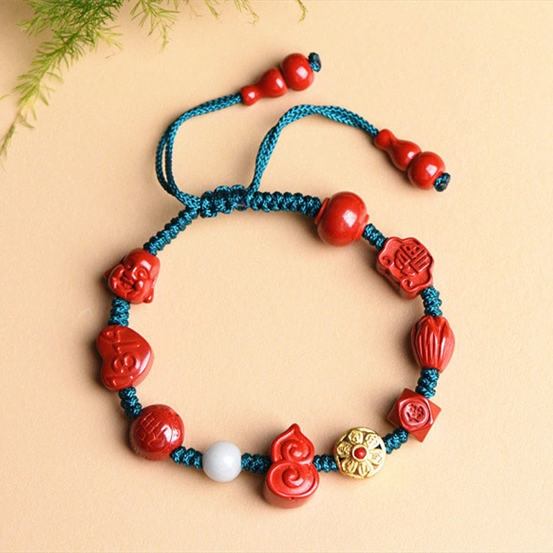 Nimara Ritual Natural Cinnabar Gourd Om Mani Padme Hum Laughing Buddha Blessing String Bracelet
