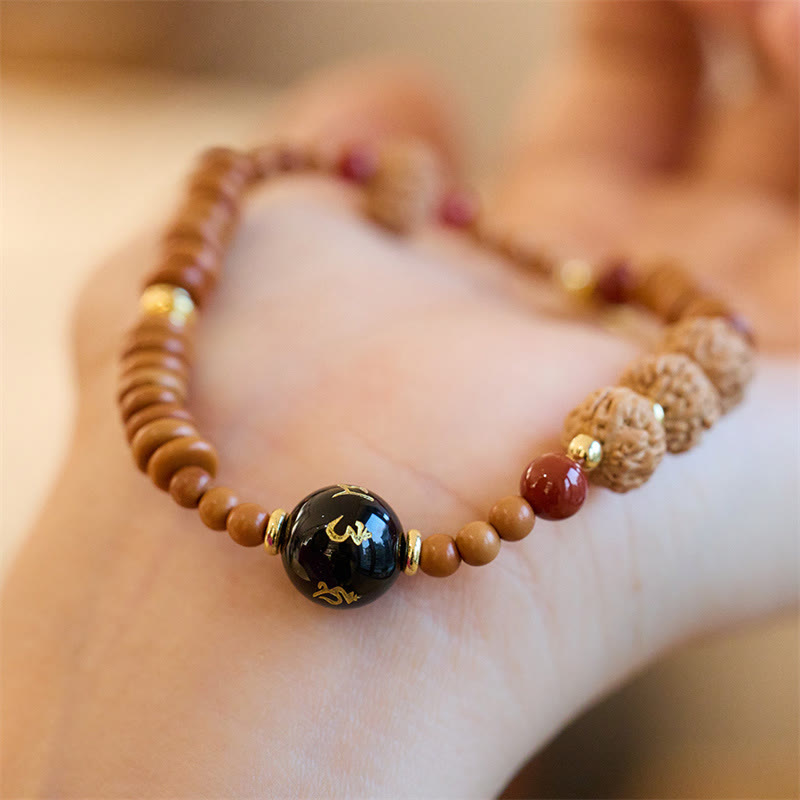 Nimara Ritual Tibetan Bodhi Seed Black Onyx Smoky Quartz Om Mani Padme Hum Fu Character Wealth Bracelet