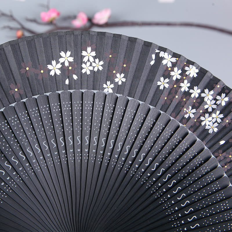 Nimara Ritual Cherry Blossom Sakura Camellia Handheld Silk Bamboo Folding Fan 21cm