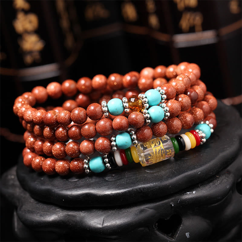 Nimara Ritual 108 Mala Beads Goldstone Om Mani Padme Hum Swastika Confidence Bracelet
