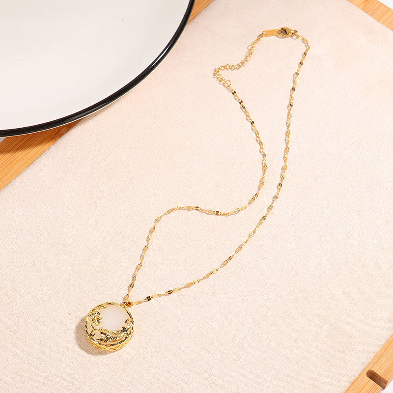 Nimara Ritual Natural Jade Koi Fish Lotus Luck Necklace Pendant