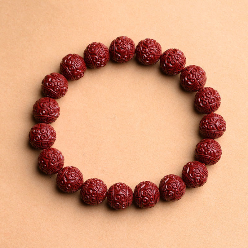 Nimara Ritual Natural Cinnabar Om Mani Padme Hum Fret Pattern Lotus Blessing Bracelet