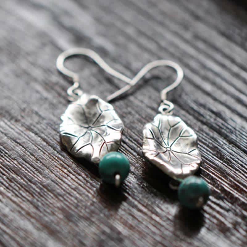 Nimara Ritual 925 Sterling Silver Turquoise Lotus Leaf Protection Drop Dangle Earrings