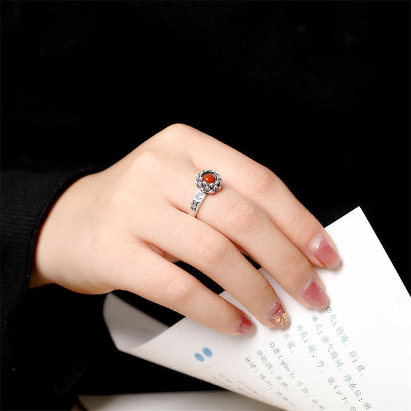Nimara Ritual925 Sterling Silver Lotus Red Agate Confidence Blessing Ring