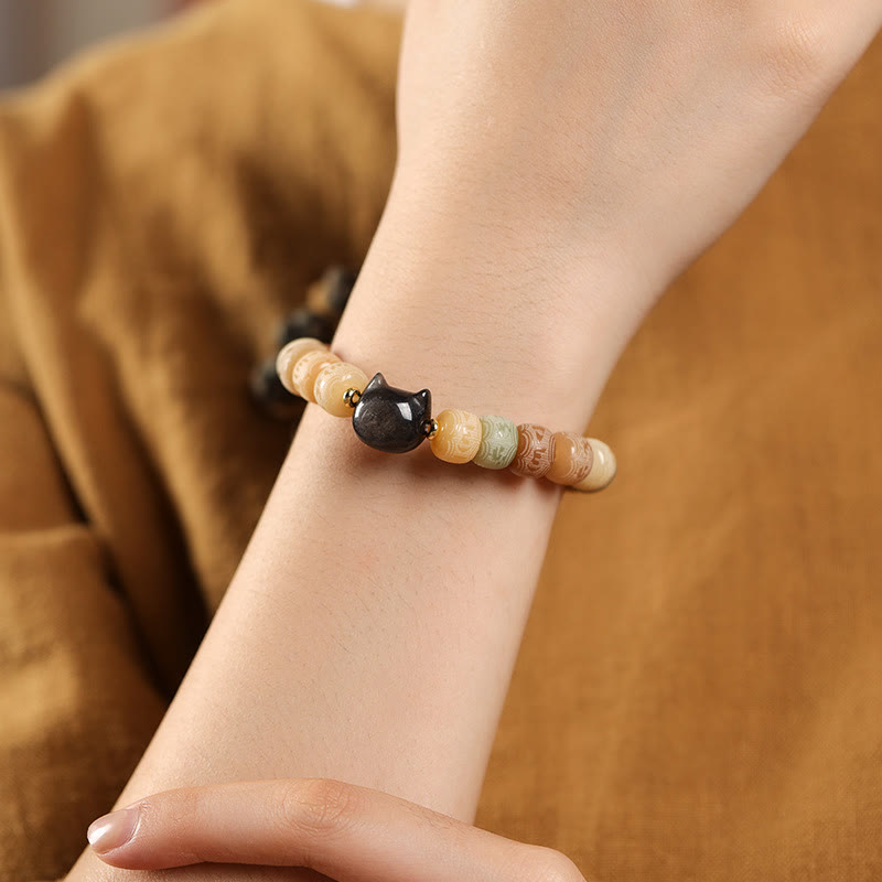 Nimara Ritual Bodhi Seed Silver Sheen Obsidian Cat Head Om Mani Padme Hum Engraved Harmony Bracelet