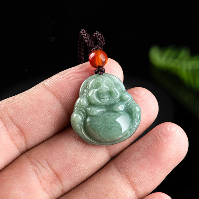 Nimara Ritual Laughing Buddha Cyan Jade Success Necklace String Pendant