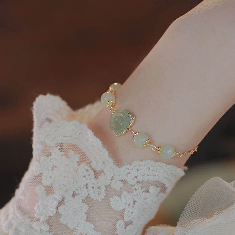 Nimara Ritual 14K Gold Plated Hetian Jade Rose Flower Luck Chain Bracelet
