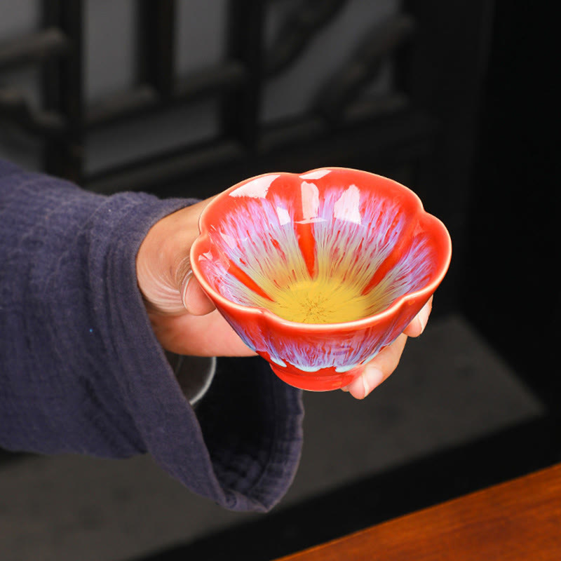 Nimara Ritual 6Pcs Plum Blossom Petal Pattern Chinese Jianzhan Kiln Change Ceramic Teacup Kung Fu Tea Cup Bowl With Gift Box
