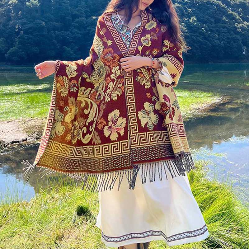 Nimara Ritual Tibetan Flowers Leaves Pattern Design Shawl Cozy Travel Scarf Wrap