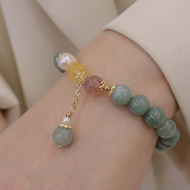 Nimara Ritual Jade Pearl Strawberry Quartz Abundance Luck Bead Charm Bracelet