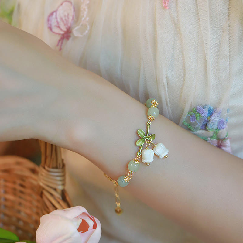 Nimara Ritual Green Jade Bead Lily of the Valley Prosperity Chain Bracelet