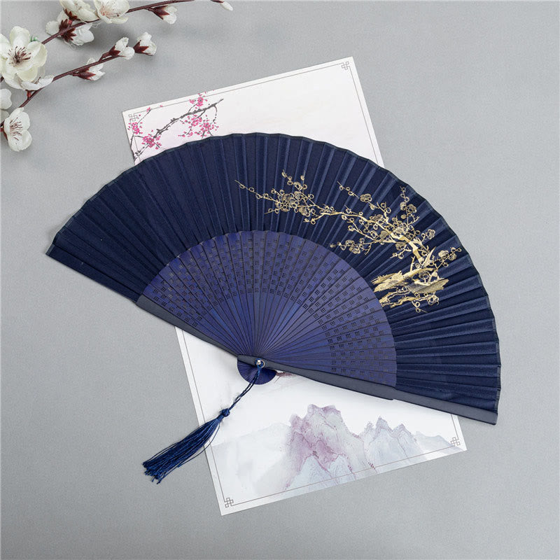 Nimara Ritual Crane Dragonfly Lotus Peony Plum Blossom Butterfly Handheld Silk Bamboo Folding Fan 22.5cm