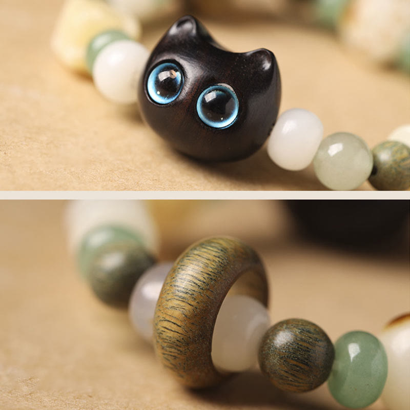 Nimara Ritual Bodhi Seed Green Sandalwood Ebony Wood Small Leaf Red Sandalwood Cat Head Paw Claw Peace Bracelet