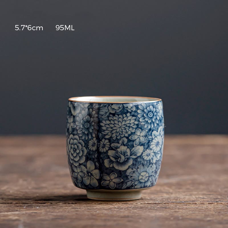 Nimara Ritual Blue Lotus Peach Blossom Chrysanthemum Design Ceramic Teacup Kung Fu Tea Cups
