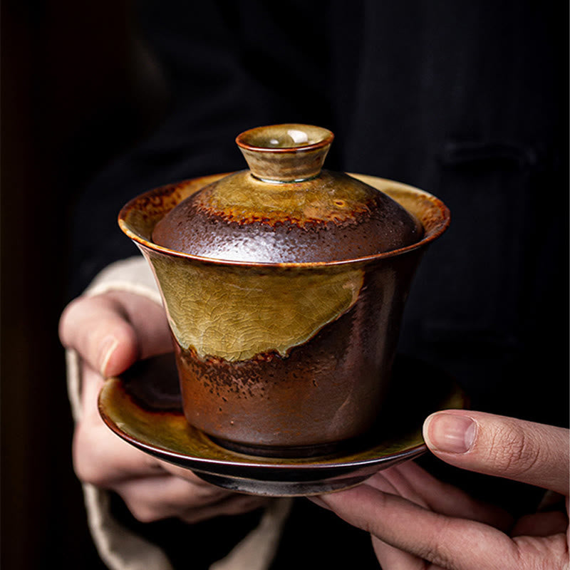 Nimara Ritual Vintage Brown Kiln Change Design Porcelain Ceramic Gaiwan Sancai Teacup Kung Fu Tea Cup And Saucer With Lid
