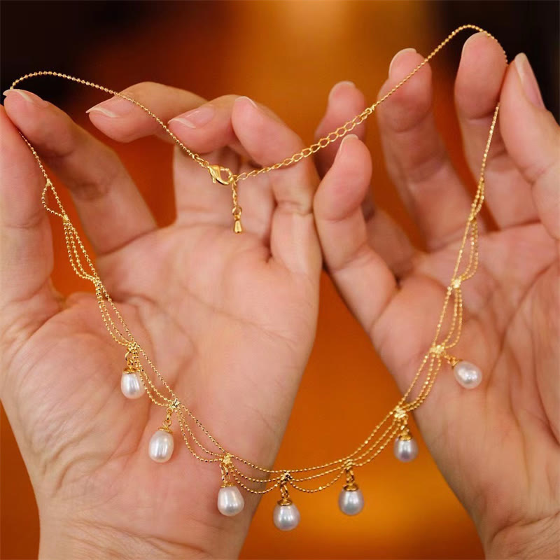 Nimara Ritual Vintage 14K Gold Plated Pearl Bead Healing Multilayer Necklace Pendant