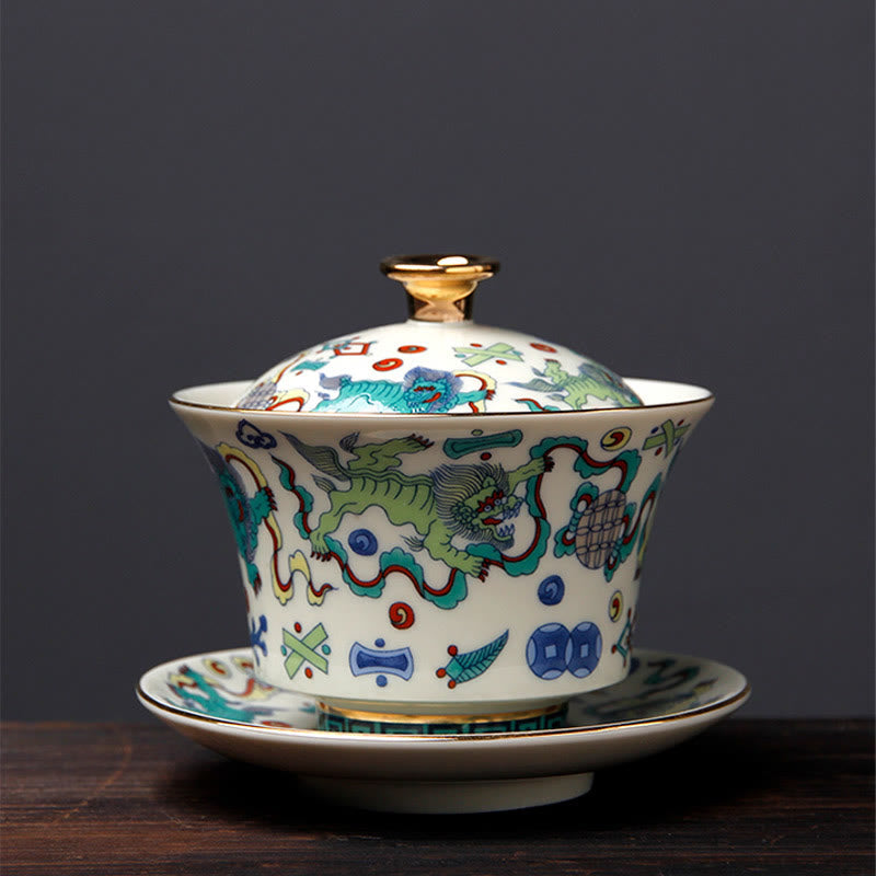 Nimara Ritual Retro Plum Blossom Pine Bamboo Phoenix Kirin Ceramic Gaiwan Sancai Teacup Kung Fu Tea Cup and Saucer with Lid