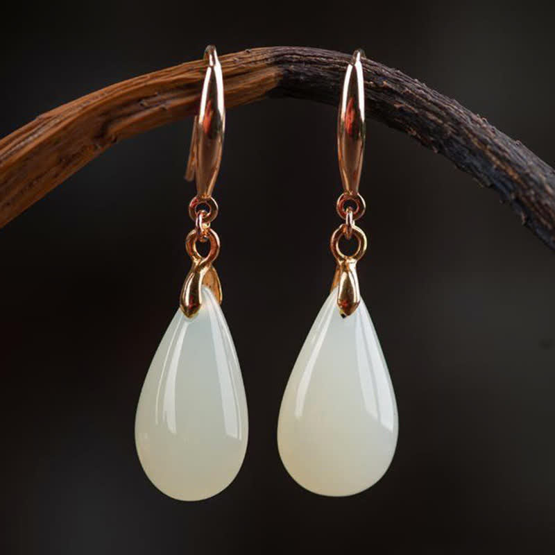 Nimara Ritual Hetian White Jade Water Drop Luck Blessing Dangle Earrings