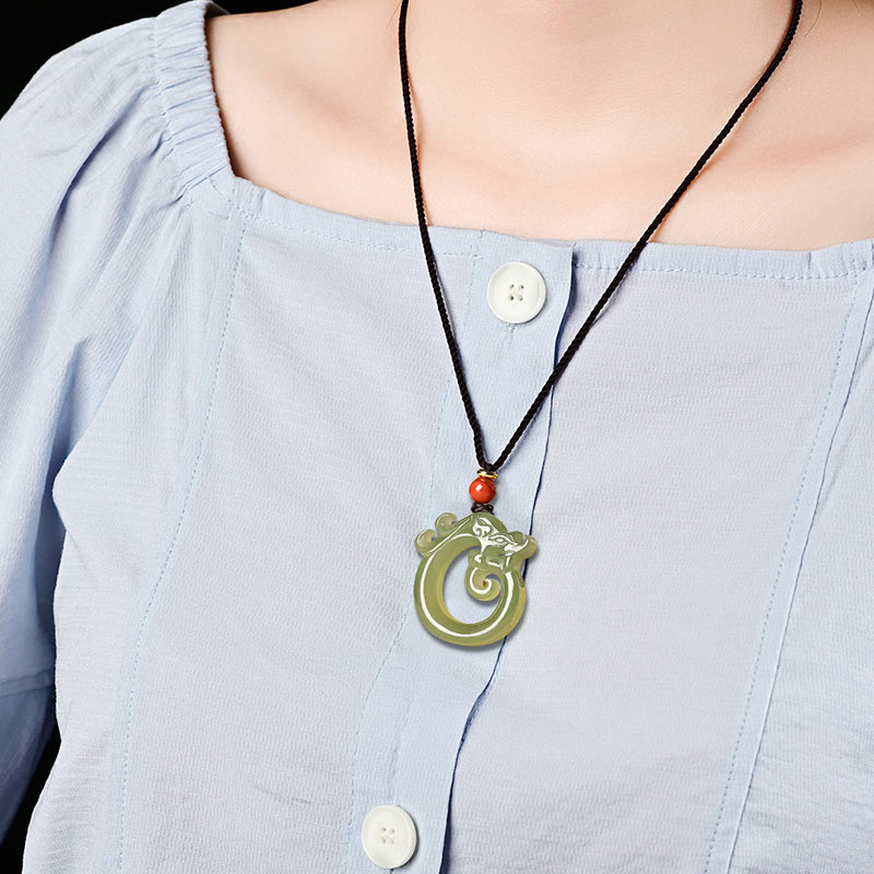 Nimara Ritual White Jade Cyan Jade Dragon Protection Necklace String Pendant