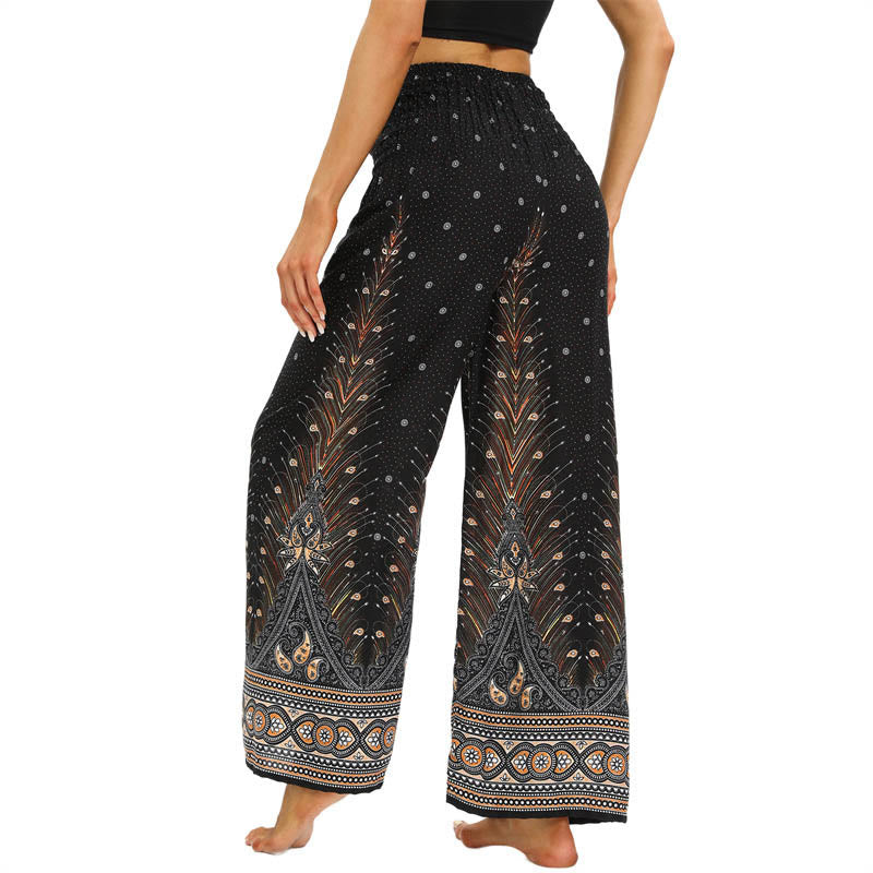 Nimara Ritual Boho Peacock Feathers Lace-up Wide Leg Pants Women's Yoga Pants