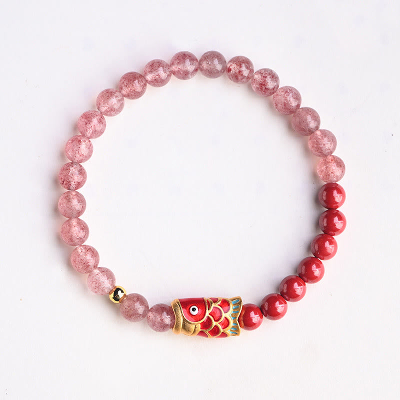 Nimara Ritual Natural Strawberry Quartz Cinnabar Lucky Koi Fish Healing Bracelet
