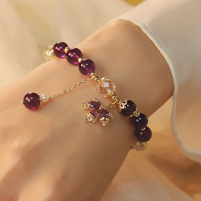 Nimara Ritual 14k Gold Plated Natural Amethyst Healing Maple Leaf Charm Bracelet