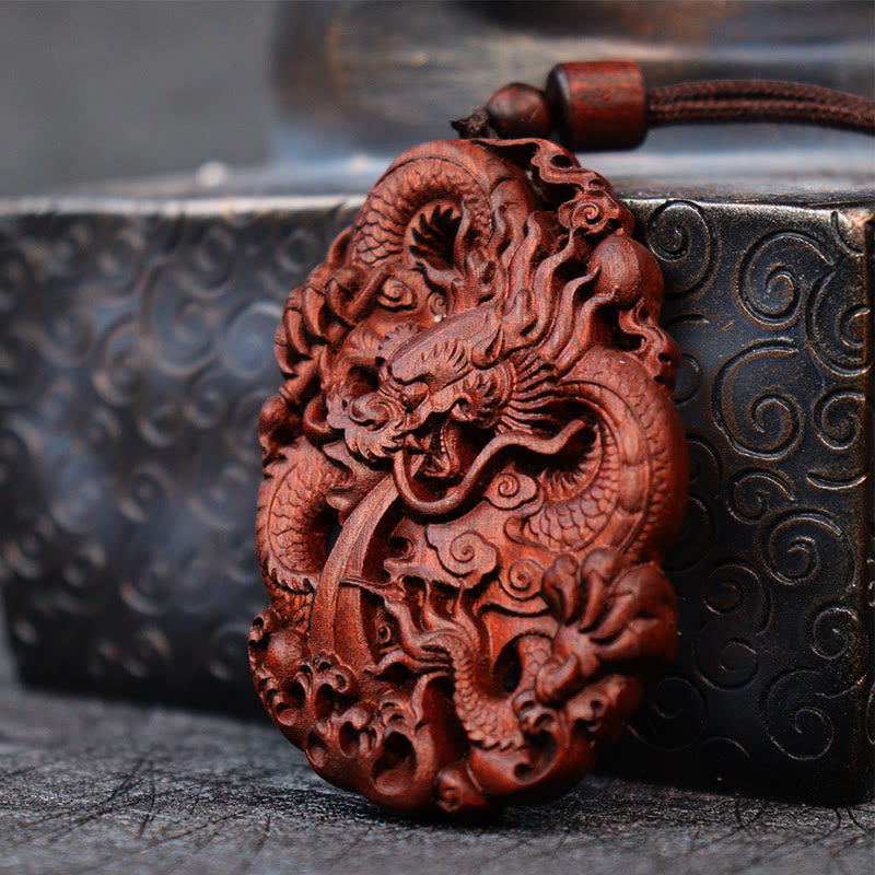 Nimara Ritual Lightning Struck Jujube Wood Double Dragon Relief Ward Off Evil Spirits Necklace Pendant