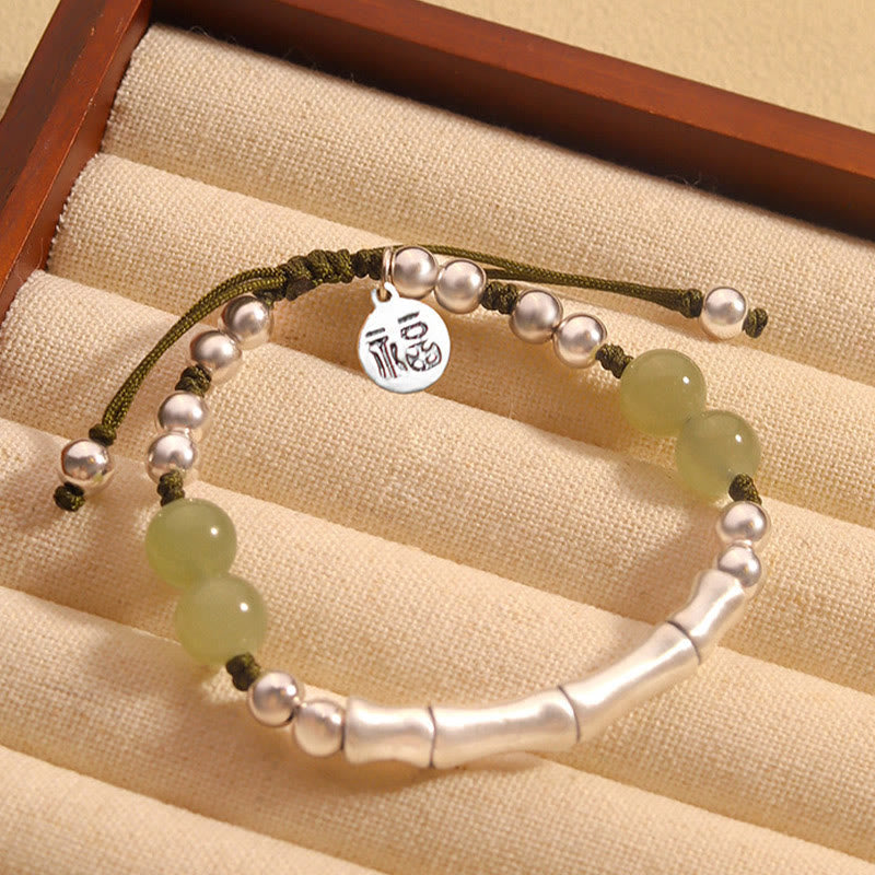 Nimara Ritual 925 Sterling Silver Natural Jade Fu Character Bamboo Abundance Bracelet