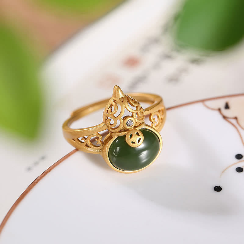 Nimara Ritual Gourd Cyan Jade Copper Coin Success Luck Adjustable Ring