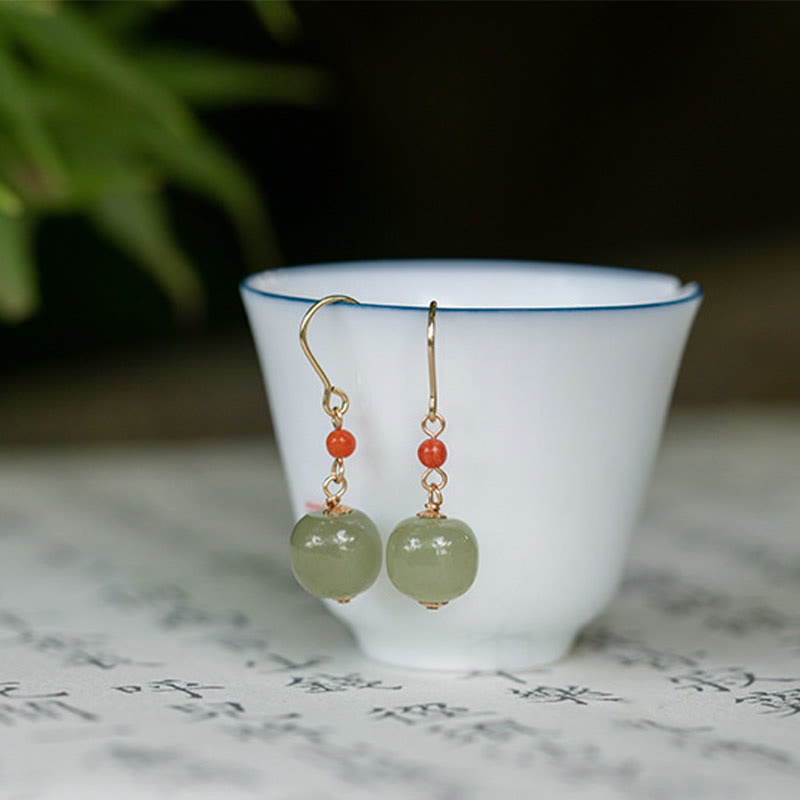 Nimara Ritual 925 Sterling Silver Plated 14k Gold Hetian Jade Red Agate Luck Drop Dangle Earrings